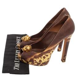 Pre Owned Alexander McQueen Brown/Yellow Karung Leather Skull Peep Toe Pumps Size 38