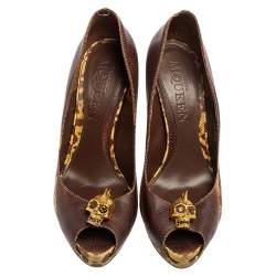 Pre Owned Alexander McQueen Brown/Yellow Karung Leather Skull Peep Toe Pumps Size 38