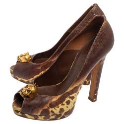 Pre Owned Alexander McQueen Brown/Yellow Karung Leather Skull Peep Toe Pumps Size 38
