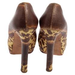 Pre Owned Alexander McQueen Brown/Yellow Karung Leather Skull Peep Toe Pumps Size 38
