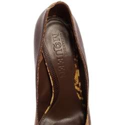 Pre Owned Alexander McQueen Brown/Yellow Karung Leather Skull Peep Toe Pumps Size 38