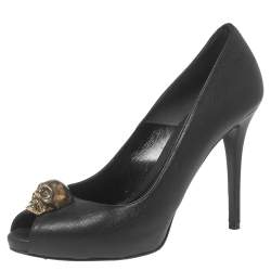 Pre Owned Alexander McQueen Black Leather Crystal Embellished Skull Peep-Toe Pumps Size 38
