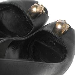 Pre Owned Alexander McQueen Black Leather Crystal Embellished Skull Peep-Toe Pumps Size 38