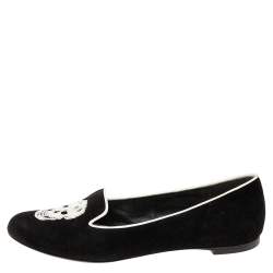 Pre Owned Alexander McQueen Black Suede Sequins Skull Smoking Slippers Size 38 
