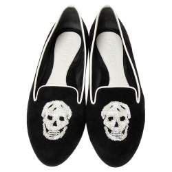 Pre Owned Alexander McQueen Black Suede Sequins Skull Smoking Slippers Size 38 