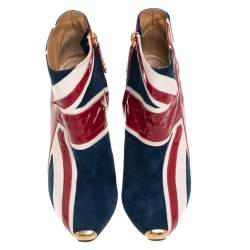 Pre Owned Alexander McQueen Tri-Color Suede, Patent and Leather Union Jack Ankle Boots Size 39