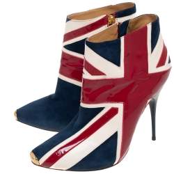 Pre Owned Alexander McQueen Tri-Color Suede, Patent and Leather Union Jack Ankle Boots Size 39