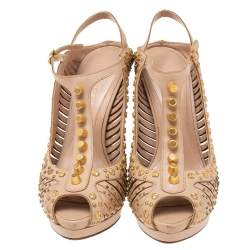 Alexander McQueen Beige Studded Leather T-Strap Slingback Platform Sandals Size 38.5