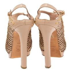 Alexander McQueen Beige Studded Leather T-Strap Slingback Platform Sandals Size 38.5