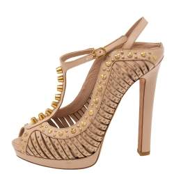 Alexander McQueen Beige Studded Leather T-Strap Slingback Platform Sandals Size 38.5