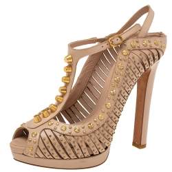 Alexander McQueen Beige Studded Leather T-Strap Slingback Platform Sandals Size 38.5