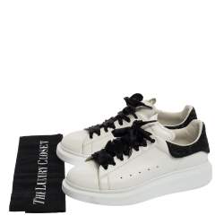 Pre Owned Alexander McQueen White/Black Leather and Glitter Oversized Sneakers Size 40.5