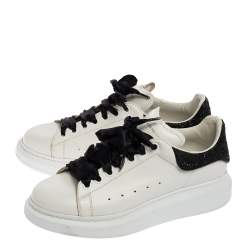 Pre Owned Alexander McQueen White/Black Leather and Glitter Oversized Sneakers Size 40.5