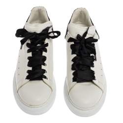 Pre Owned Alexander McQueen White/Black Leather and Glitter Oversized Sneakers Size 40.5