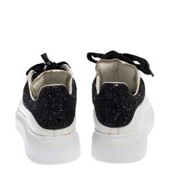 Pre Owned Alexander McQueen White/Black Leather and Glitter Oversized Sneakers Size 40.5