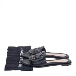 Pre Owned Alexander McQueen Black Leather Studded Flower Applique Flat Slides Size 39