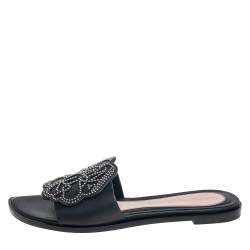Pre Owned Alexander McQueen Black Leather Studded Flower Applique Flat Slides Size 39