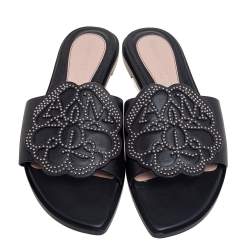 Pre Owned Alexander McQueen Black Leather Studded Flower Applique Flat Slides Size 39