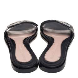 Pre Owned Alexander McQueen Black Leather Studded Flower Applique Flat Slides Size 39