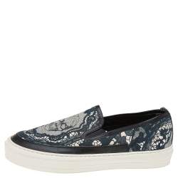 Pre Owned Alexander McQueen Black/Green Leather And Canvas Slip On Sneakers Size 40