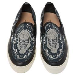 Pre Owned Alexander McQueen Black/Green Leather And Canvas Slip On Sneakers Size 40