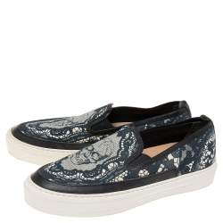 Pre Owned Alexander McQueen Black/Green Leather And Canvas Slip On Sneakers Size 40