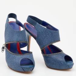 Alexander McQueen Blue Leather Slingback Platform Sandals Size 38