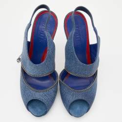 Alexander McQueen Blue Leather Slingback Platform Sandals Size 38