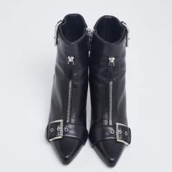 Pre Owned Alexander McQueen Black Leather Buckle Ankle Length Boots Size 38