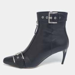 Pre Owned Alexander McQueen Black Leather Buckle Ankle Length Boots Size 38