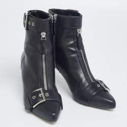 Pre Owned Alexander McQueen Black Leather Buckle Ankle Length Boots Size 38
