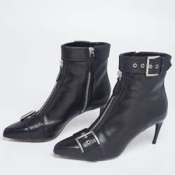 Pre Owned Alexander McQueen Black Leather Buckle Ankle Length Boots Size 38
