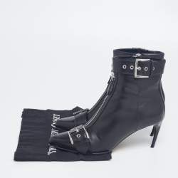 Pre Owned Alexander McQueen Black Leather Buckle Ankle Length Boots Size 38