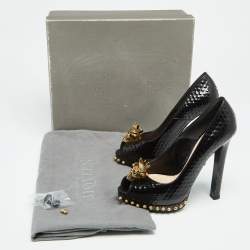 Alexander McQueen Black Patent Leather Skull Embellished Peep Toe Pumps Size 38