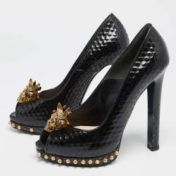 Alexander McQueen Black Patent Leather Skull Embellished Peep Toe Pumps Size 38