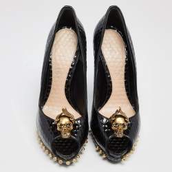 Alexander McQueen Black Patent Leather Skull Embellished Peep Toe Pumps Size 38