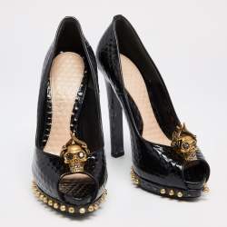 Alexander McQueen Black Patent Leather Skull Embellished Peep Toe Pumps Size 38