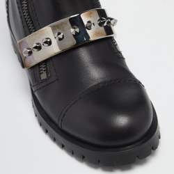 Pre Owned Alexander McQueen Black Leather Metal Bar Studded Biker Boots Size 40
