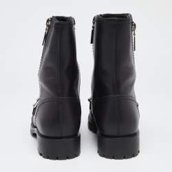 Pre Owned Alexander McQueen Black Leather Metal Bar Studded Biker Boots Size 40