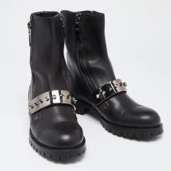 Pre Owned Alexander McQueen Black Leather Metal Bar Studded Biker Boots Size 40