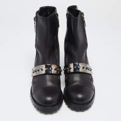 Pre Owned Alexander McQueen Black Leather Metal Bar Studded Biker Boots Size 40