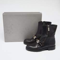 Pre Owned Alexander McQueen Black Leather Metal Bar Studded Biker Boots Size 40