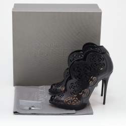 Pre Owned Alexander McQueen Black Floral Laser Cut Leather Peep Toe Booties Size 38