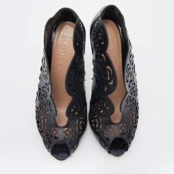 Pre Owned Alexander McQueen Black Floral Laser Cut Leather Peep Toe Booties Size 38