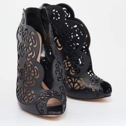 Pre Owned Alexander McQueen Black Floral Laser Cut Leather Peep Toe Booties Size 38