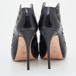 Pre Owned Alexander McQueen Black Floral Laser Cut Leather Peep Toe Booties Size 38