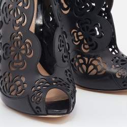 Pre Owned Alexander McQueen Black Floral Laser Cut Leather Peep Toe Booties Size 38