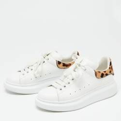 Pre Owned Alexander McQueen White/Brown Leather And Calf Hair Oversized Sneakers Size 37