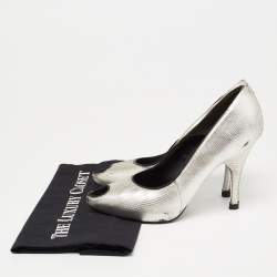 Alexander McQueen Silver Lizard Embossed Leather Peep-Toe Pumps Size 37.5