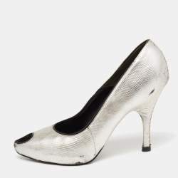 Alexander McQueen Silver Lizard Embossed Leather Peep-Toe Pumps Size 37.5